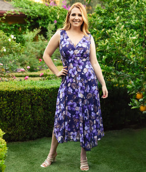 Audrey Grape Floral Asymmetrical Midi Dress