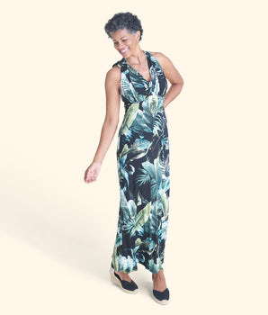 Woman posing wearing Aqua James Print Maxi Dress from Connected Apparel