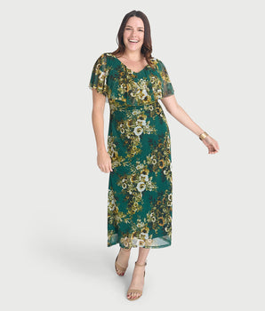 Sunny Evergreen Floral Midi Dress