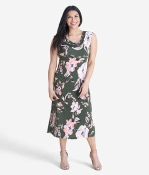 Woman posing wearing Olive Tonya Olive Floral Cowl Neck Midi Dress from Connected Apparel