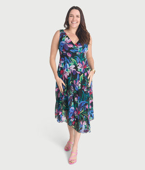 Audrey Black Floral Asymmetrical Midi Dress