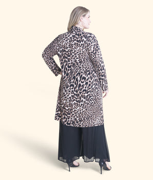 Woman posing wearing Black Bianca Leopard Print Cardigan from Connected Apparel