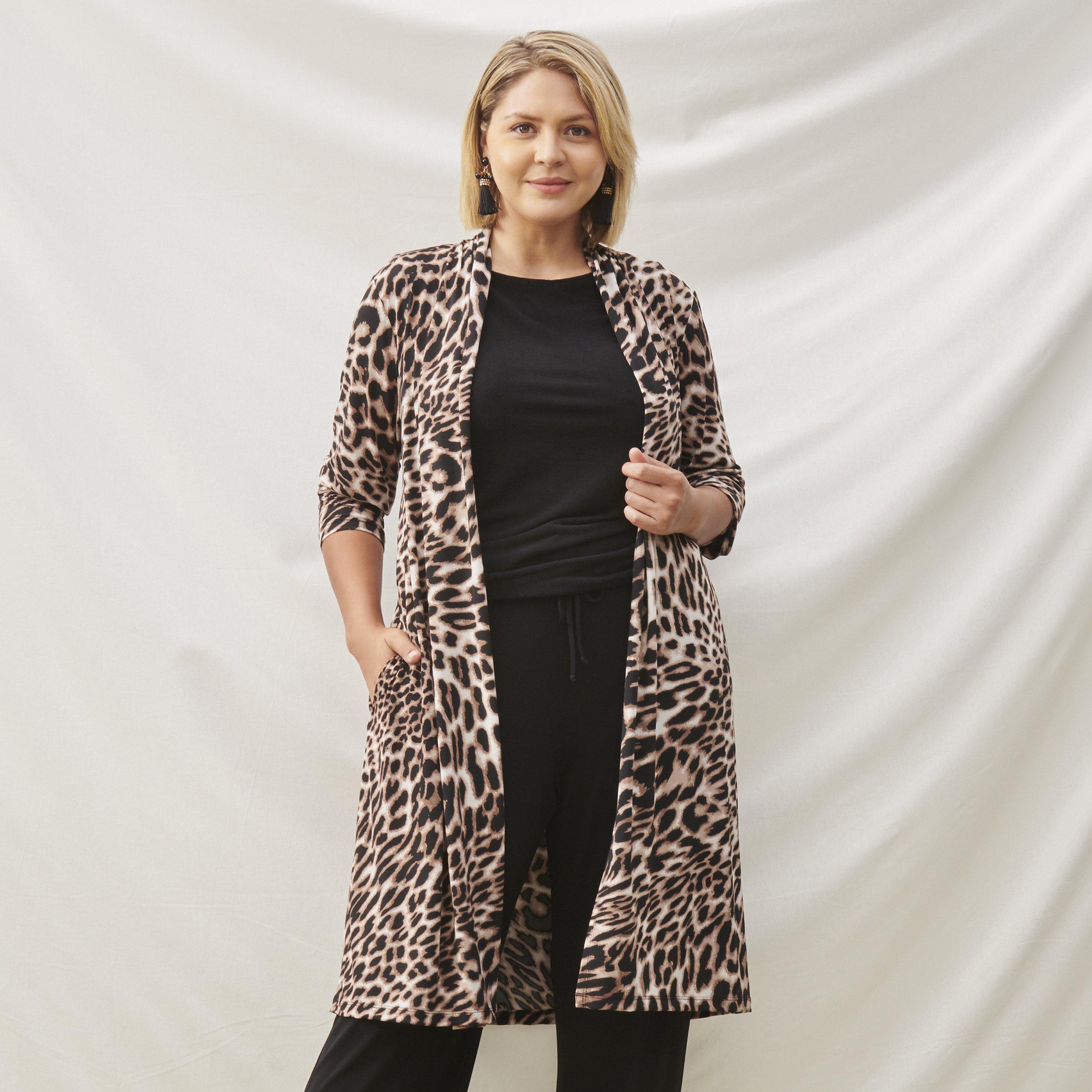 Woman posing wearing - CAxLZ Bianca Leopard Print Cardigan from Connected Apparel