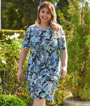 Lisa Blue Floral Faux Wrap Dress