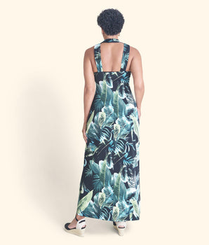 Woman posing wearing Aqua James Print Maxi Dress from Connected Apparel
