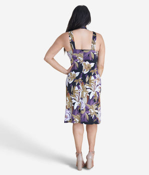 Woman posing wearing Grape James Halter Dress from Connected Apparel