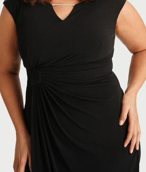 Lisa Rhinestone Detail Bar Black Faux Wrap Dress