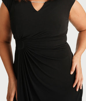 Lisa Rhinestone Detail Bar Black Long Faux Wrap Dress