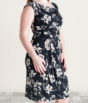 Woman posing wearing Taupe Lisa Sleeveless Dress from Connected Apparel