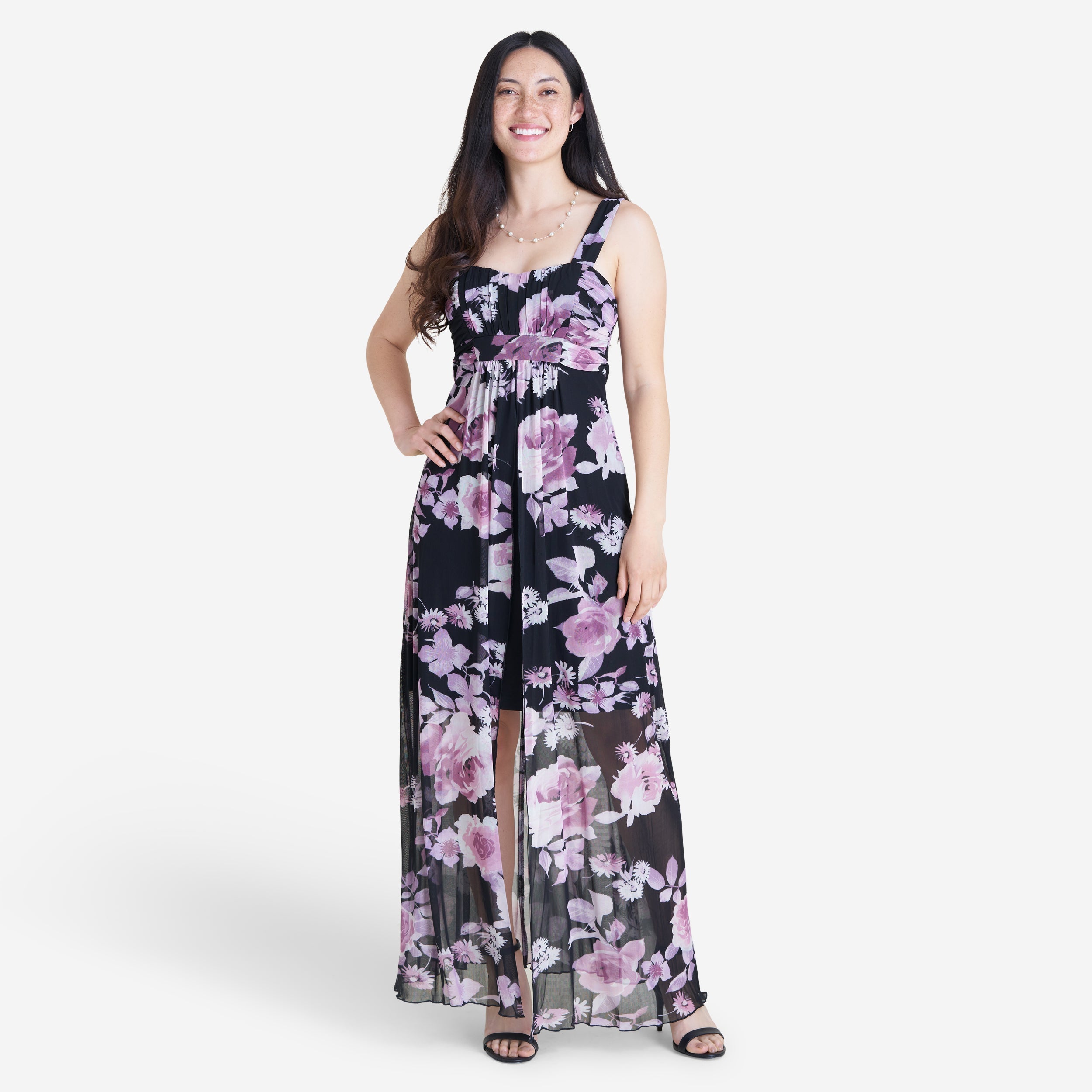 Woman posing wearing Dusty Mauve Marilyn Dusty Mauve Floral Mesh Maxi Dress from Connected Apparel