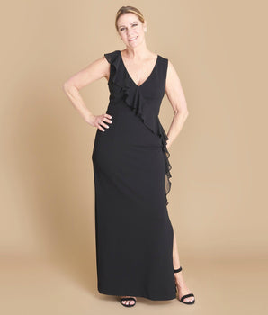 Woman posing wearing Black Sara 2.0 Floor-Length Dress from Connected Apparel