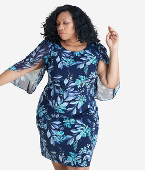 Woman posing wearing Navy/Aqua Stevie Sheath Dress from Connected Apparel