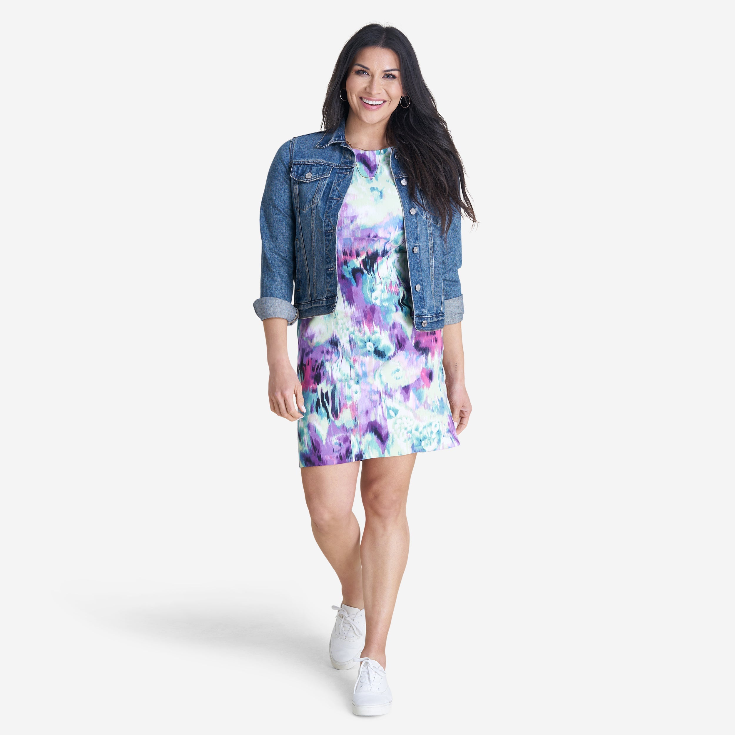 Woman posing wearing Lavender Sue Abstract Print Sheath Dress from Connected Apparel