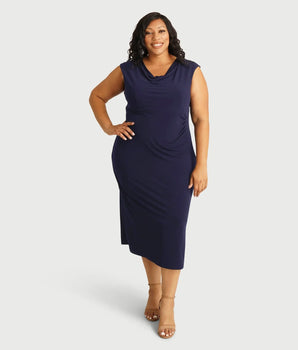 Tonya Navy Cowl Neck Midi Dress