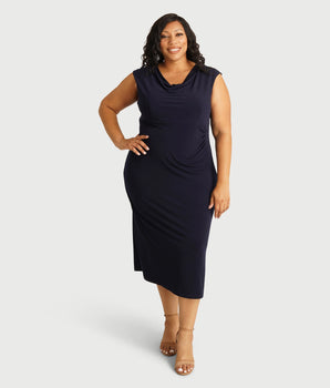 Tonya Navy Cowl Neck Midi Dress