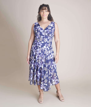 Audrey Grape Floral Asymmetrical Midi Dress