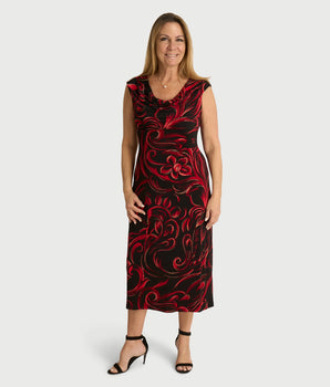 Tonya Red Abstract Cowl Neck Midi Dress