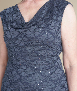 Tina Charcoal Sequin Lace Cowl Neck Dress
