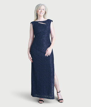 Elizabeth Navy Sequin Lace Floor Length Dress