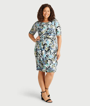 Lisa Blue Floral Faux Wrap Dress