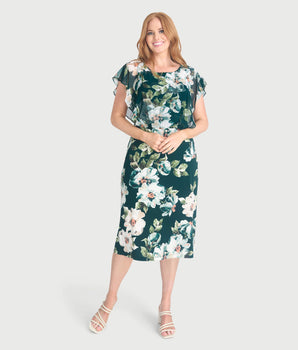 Daphne Hunter Green Floral Chiffon Popover Dress