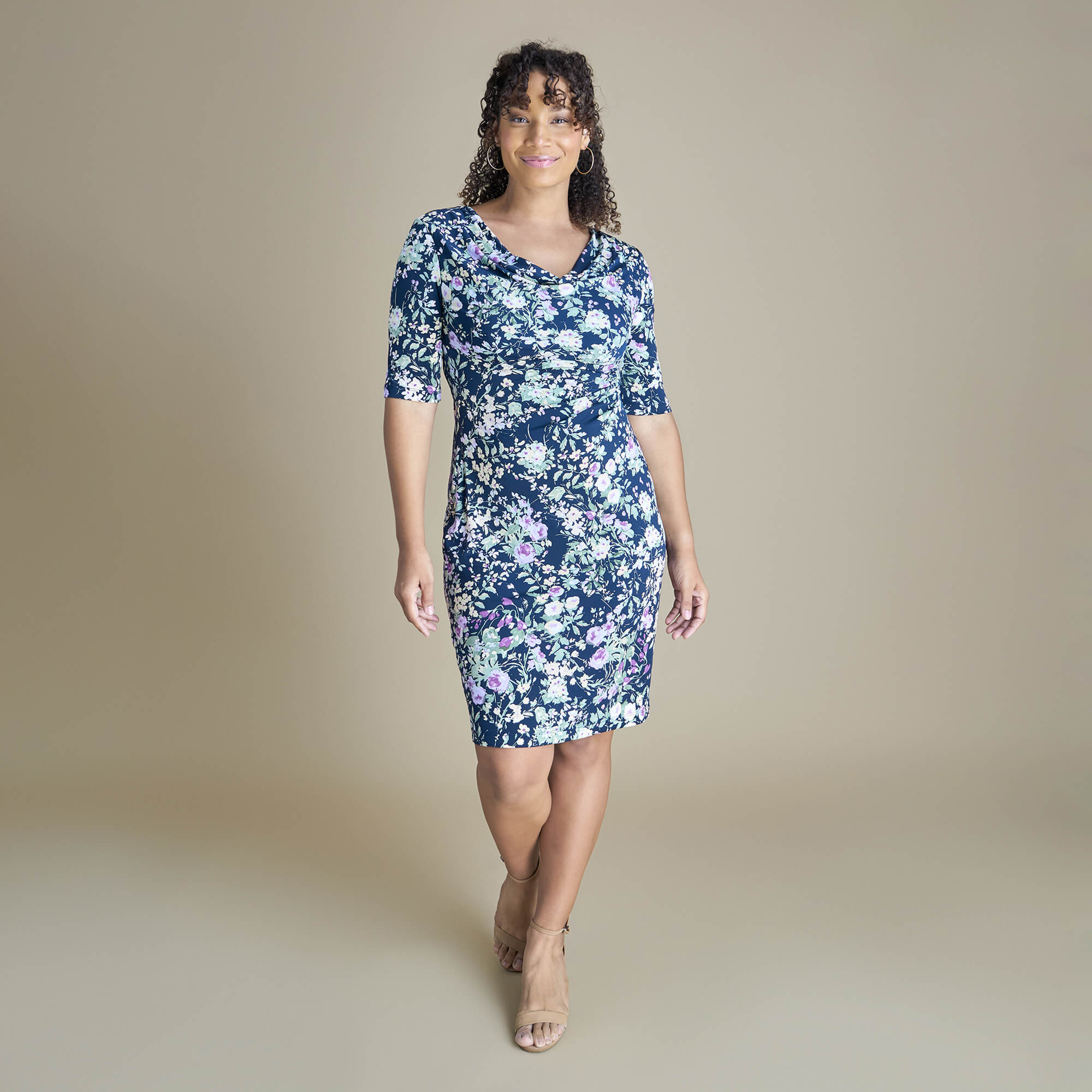 Tina Navy and Lavender Floral Cowl Neck Dress | Connected Apparel
