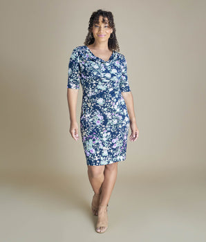 Tina Navy and Lavender Floral Cowl Neck Dress