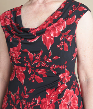 Tonya Red Floral Cowl Neck Midi Dress