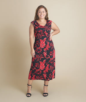 Tonya Red Floral Cowl Neck Midi Dress