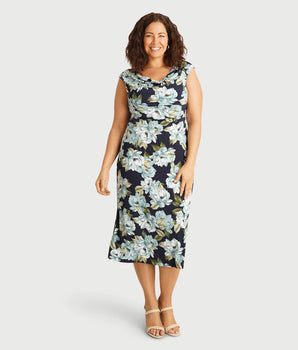 Tonya Aqua Floral Cowl Neck Midi Dress