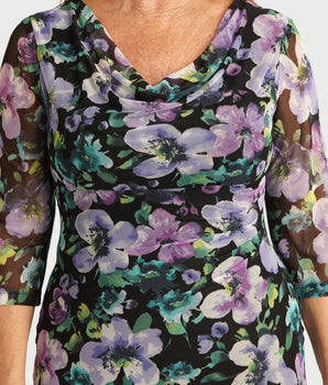 Tina Black and Lavender Floral Cowl Neck Dress