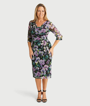 Tina Black and Lavender Floral Cowl Neck Dress