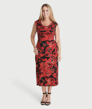 Tonya Red Abstract Cowl Neck Midi Dress