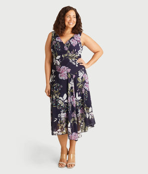 Audrey Navy Floral Asymmetrical Midi Dress