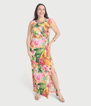 Mila Orange Tropical Print Side-Slit Dress