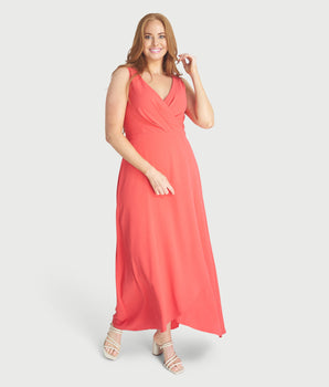 Mia Coral Asymmetrical Maxi Dress