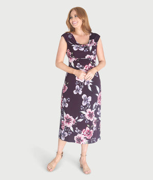 Tonya Plum Floral Cowl Neck Midi Dress