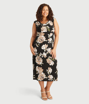 Tonya Taupe Floral Cowl Neck Midi Dress