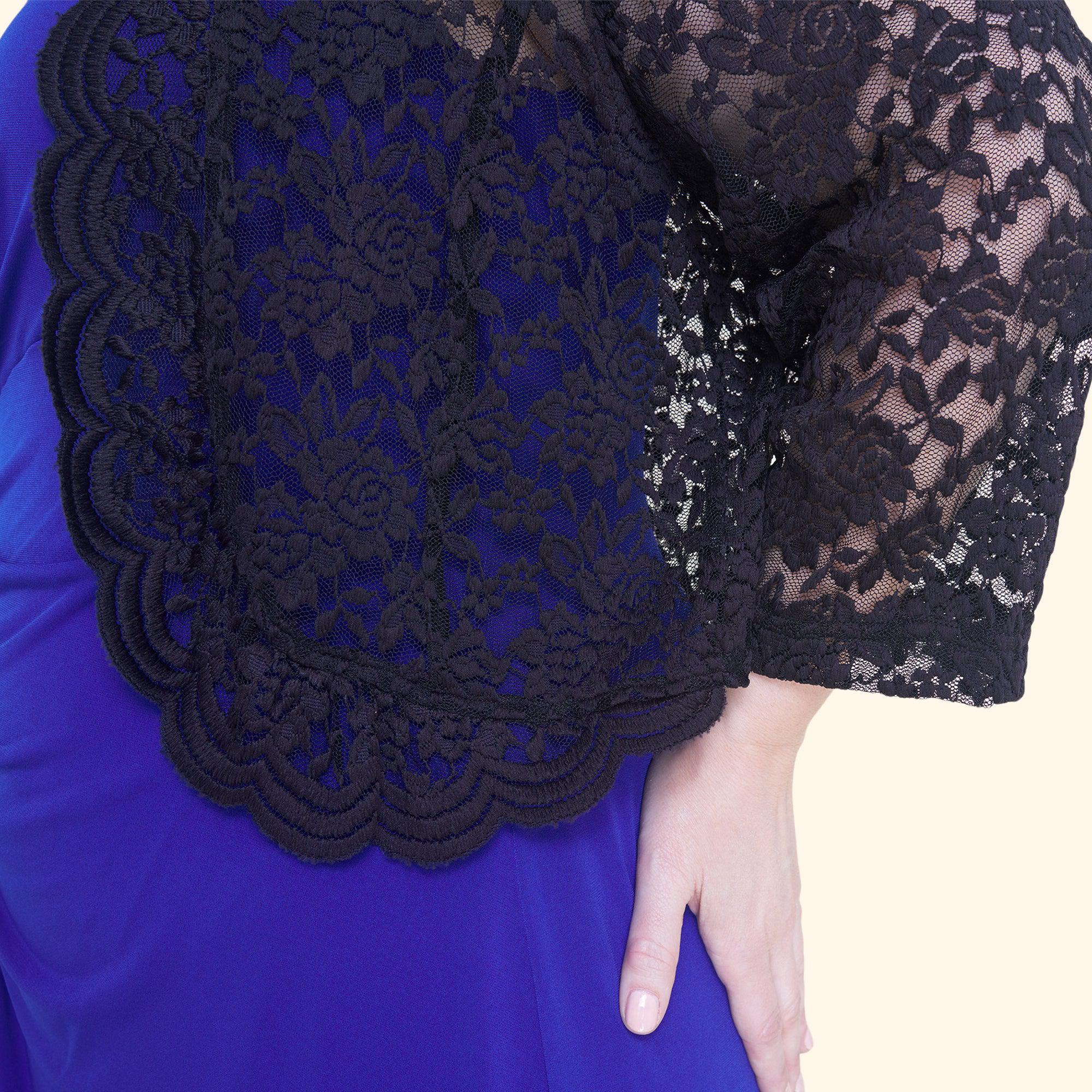 Woman posing wearing Black Talula Scalloped Lace Black Shrug from Connected Apparel