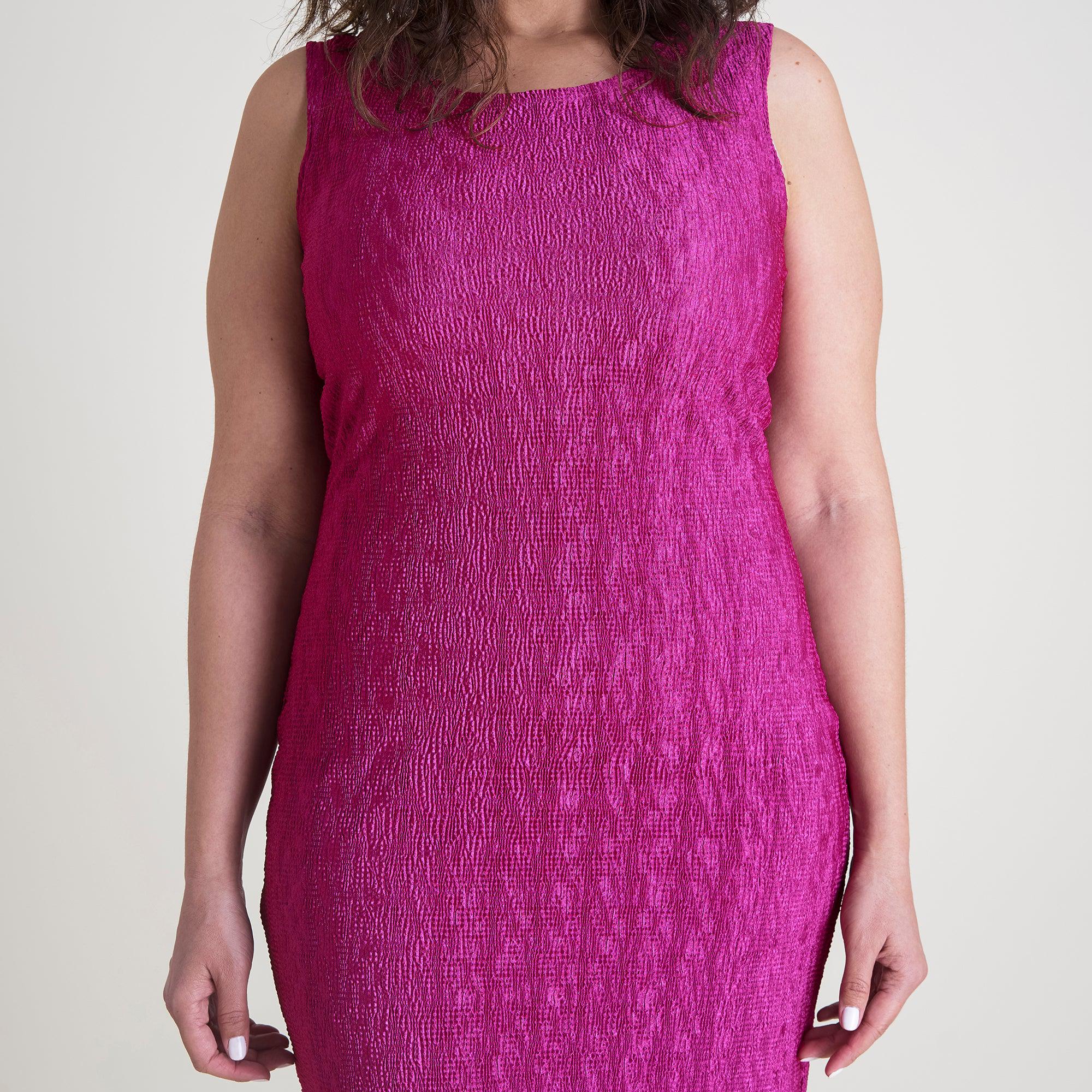 Woman posing wearing Berry/Raspberry Terra Raspberry Sheath Dress from Connected Apparel