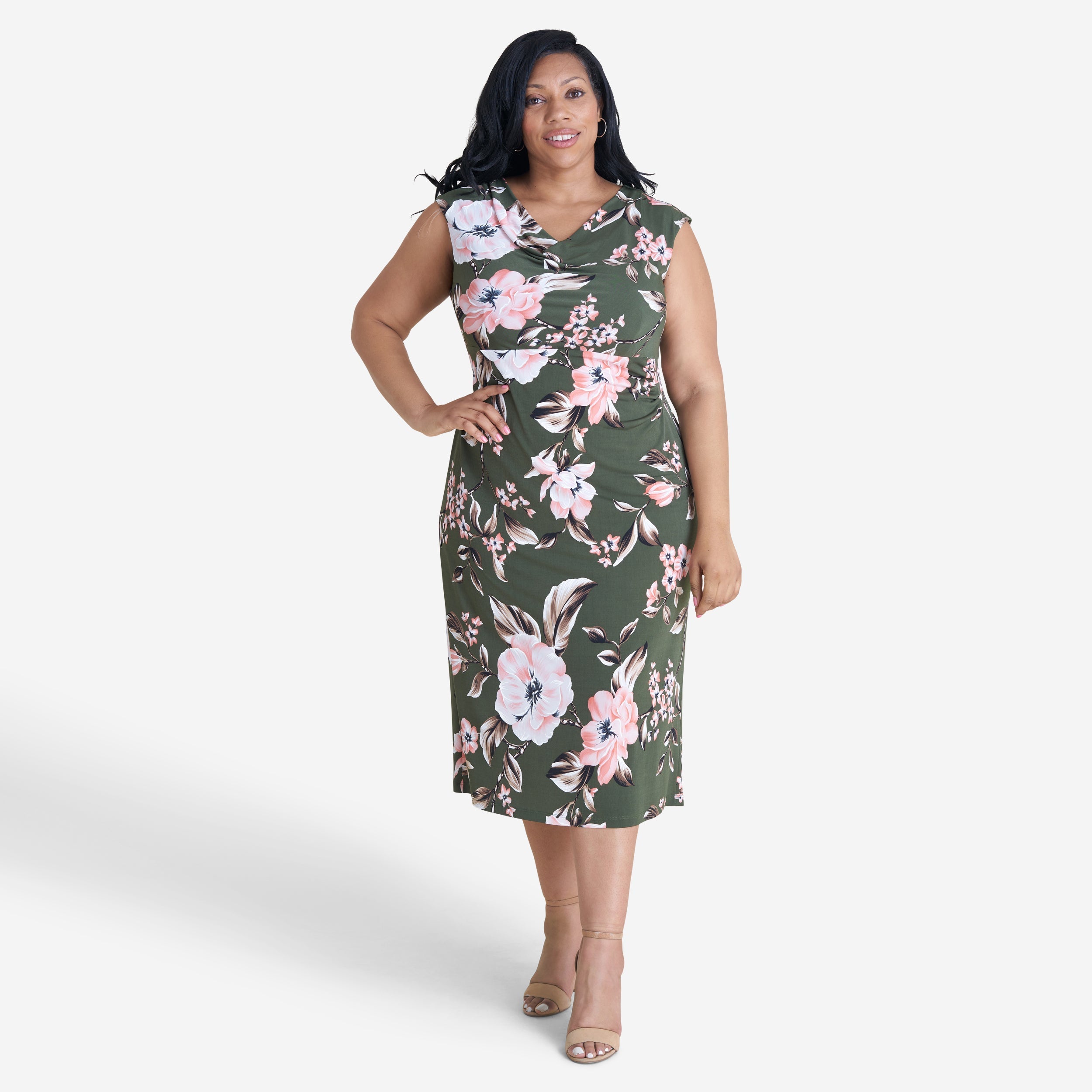 Woman posing wearing Olive Tonya Olive Floral Cowl Neck Midi Dress from Connected Apparel