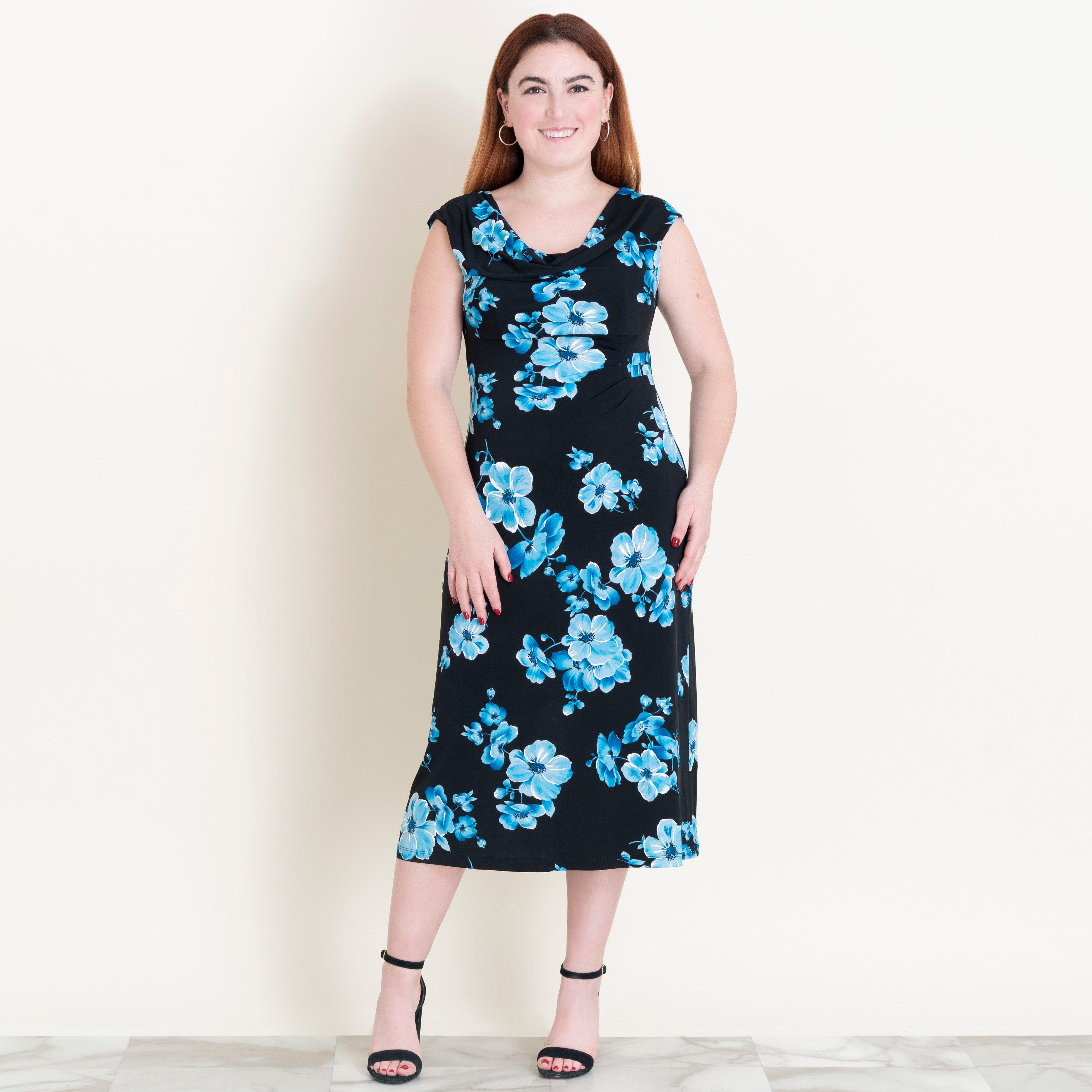 Woman posing wearing Turquoise Tonya Turquoise Floral Midi Dress from Connected Apparel