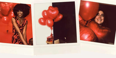 Three polaroids with red balloons and a woman smiling, creating a joyful and nostalgic atmosphere.