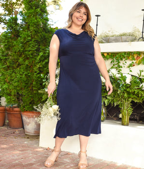 Tonya Navy Cowl Neck Midi Dress