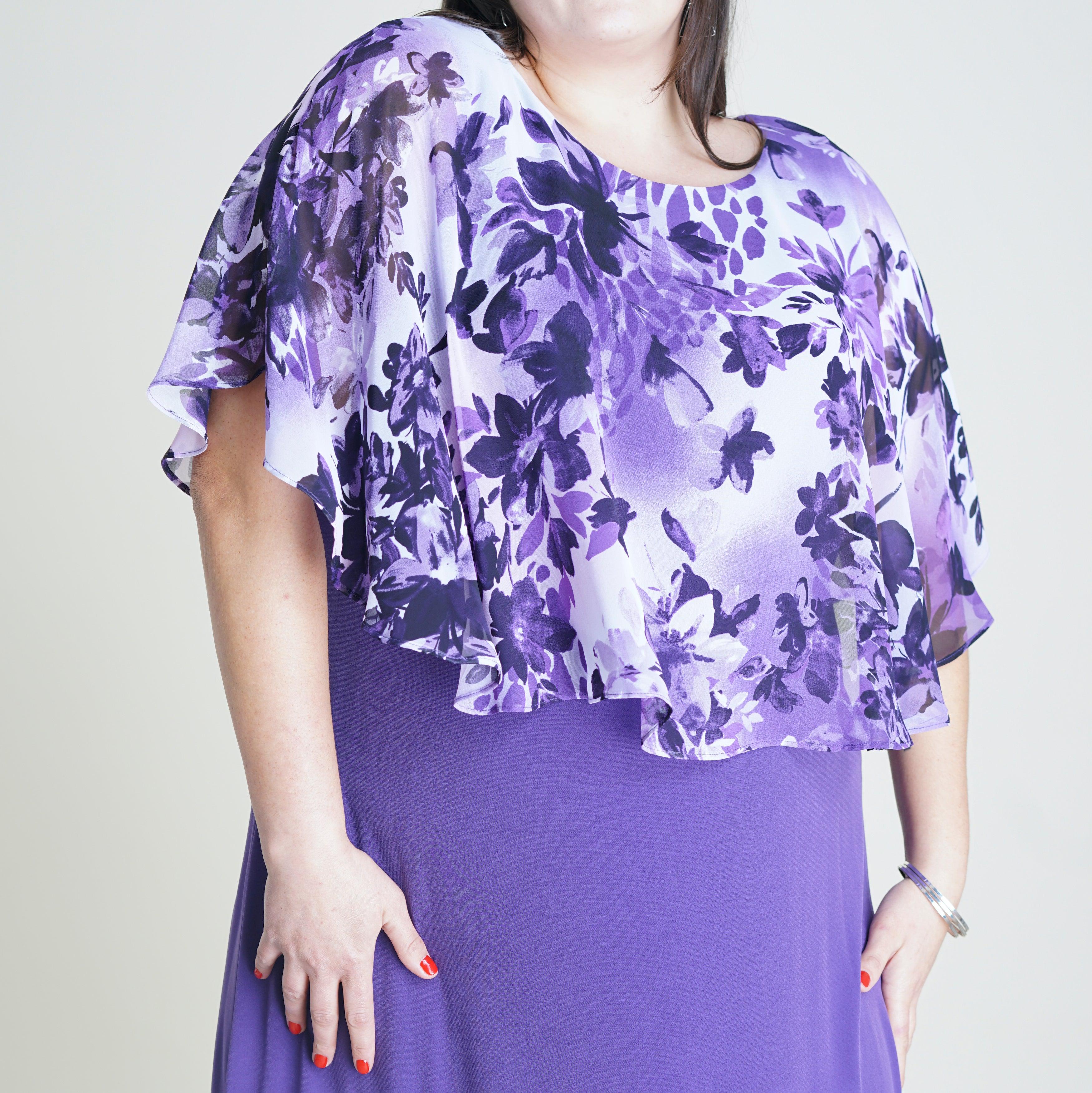 Woman posing wearing Purple Alyssa Purple Floral Cape Dress from Connected Apparel