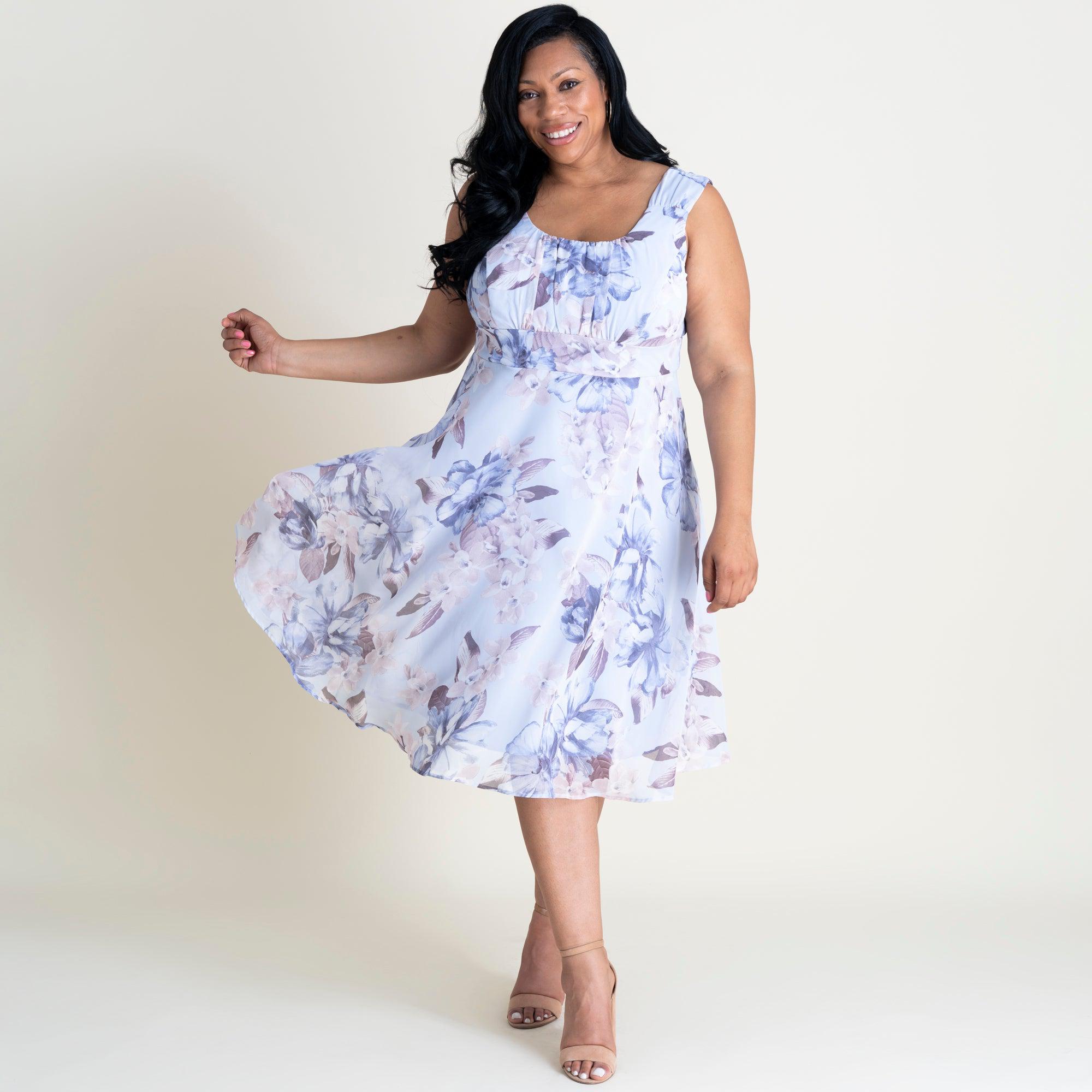 Woman posing wearing Silver Carly Silver Floral Chiffon Dress from Connected Apparel