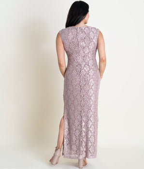 Woman posing wearing Dusty Rosewood Celia Sequin Lace Floor Length Dress from Connected Apparel