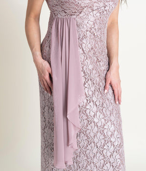 Woman posing wearing Dusty Rosewood Celia Sequin Lace Floor Length Dress from Connected Apparel