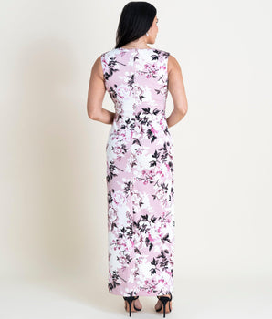 Woman posing wearing Dusty Mauve Dorothy Dusty Mauve Floral Floor Length Dress from Connected Apparel
