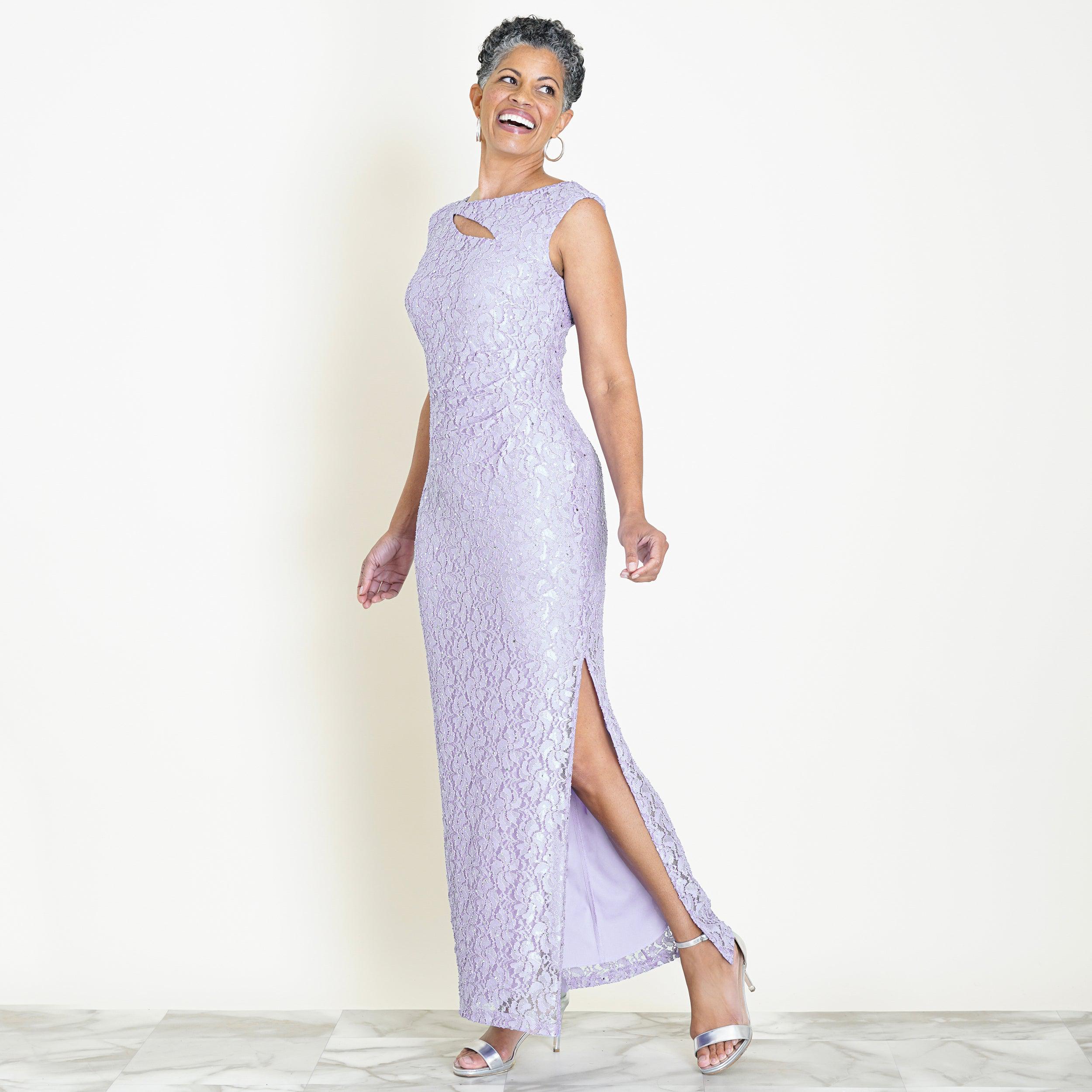 Woman posing wearing Lavender Elizabeth Lavender Sequin Lace Floor Length Dress from Connected Apparel